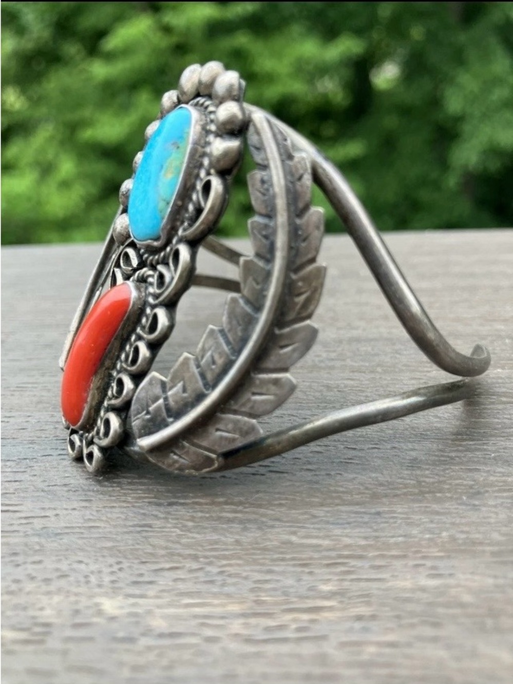 Turquoise & Red Jasper Mexico 925 Sterling Silver Cuff Bangle Bracelet Vintage - Picture 4 of 10